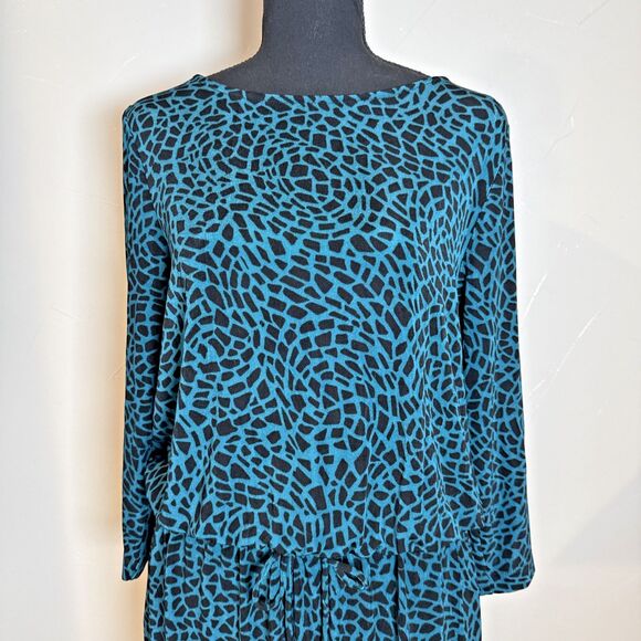 Chico's Travelers Boho Teal Black Leopard Print Dress Size 8/10 - Picture 2 of 16